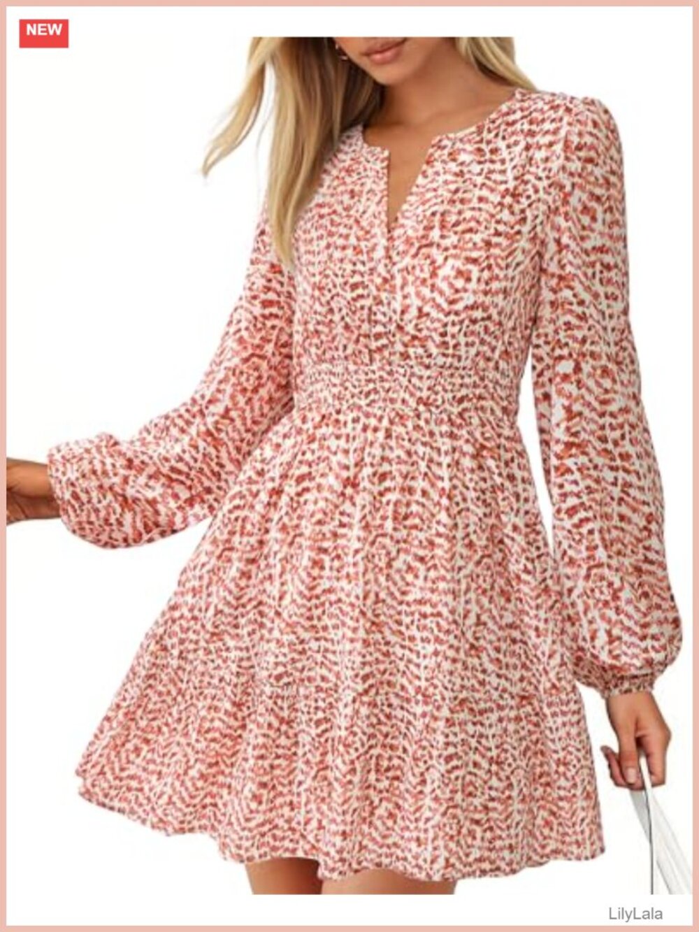 Floral V Neck Long Sleeve Mini Dress Smocked High Waist A Line